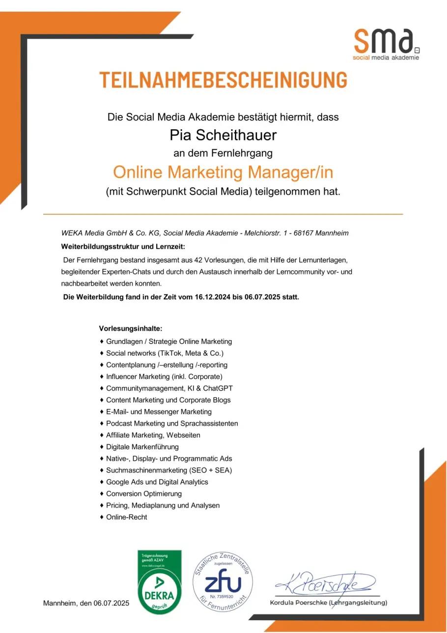 Pia Scheithauer Teilnahmebescheinigung OnlineMarketingManagerin 2025
